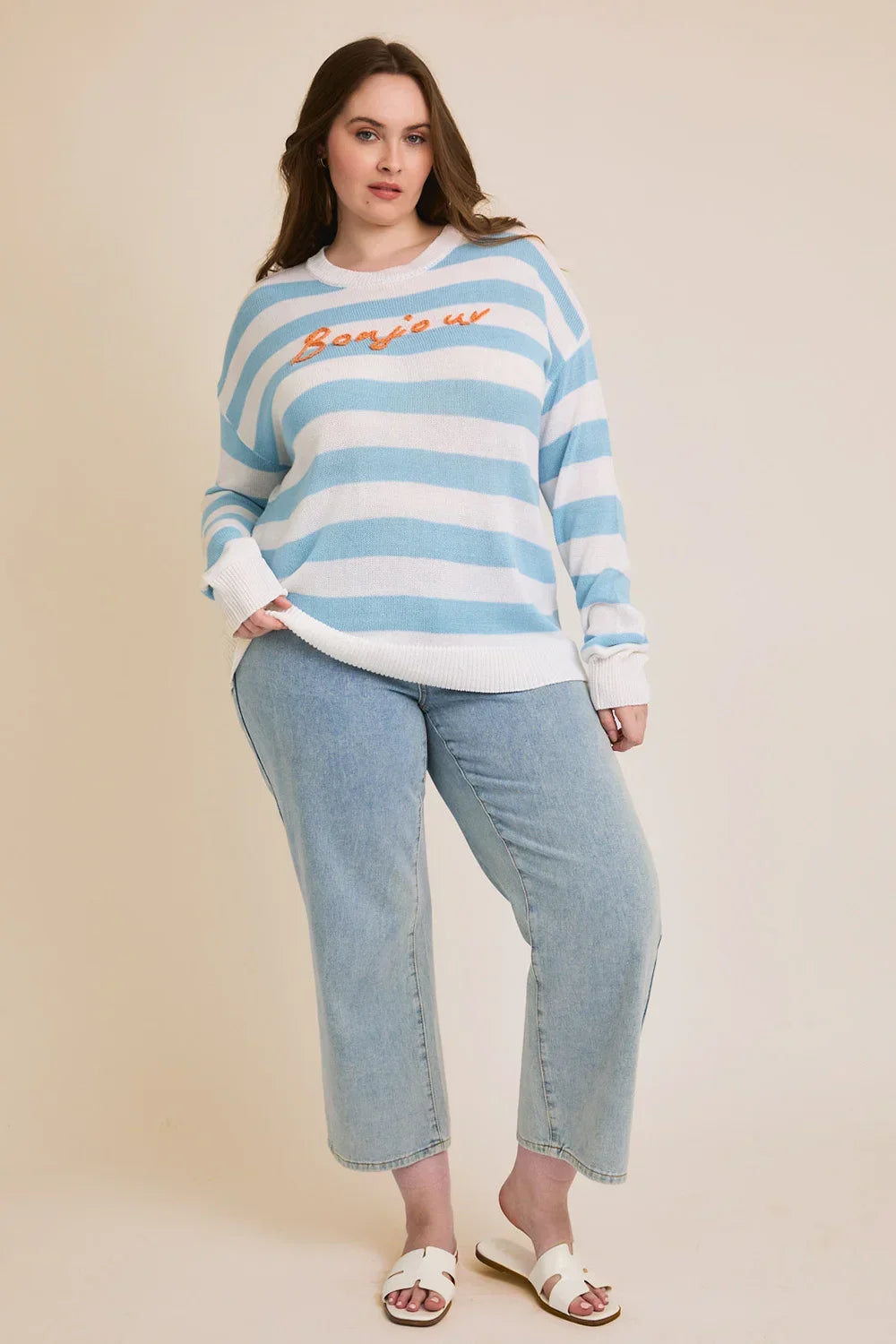 Plus Size Blue White Striped "Bonjour" Embroidered Long Sleeve Sweater - Tasha Apparel Wholesale