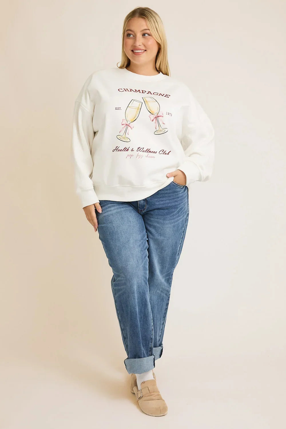 Plus Size Cream "Champagne Health Wellness Club" Graphic Long Sleeve Sweatshirt - Tasha Apparel Wholesale