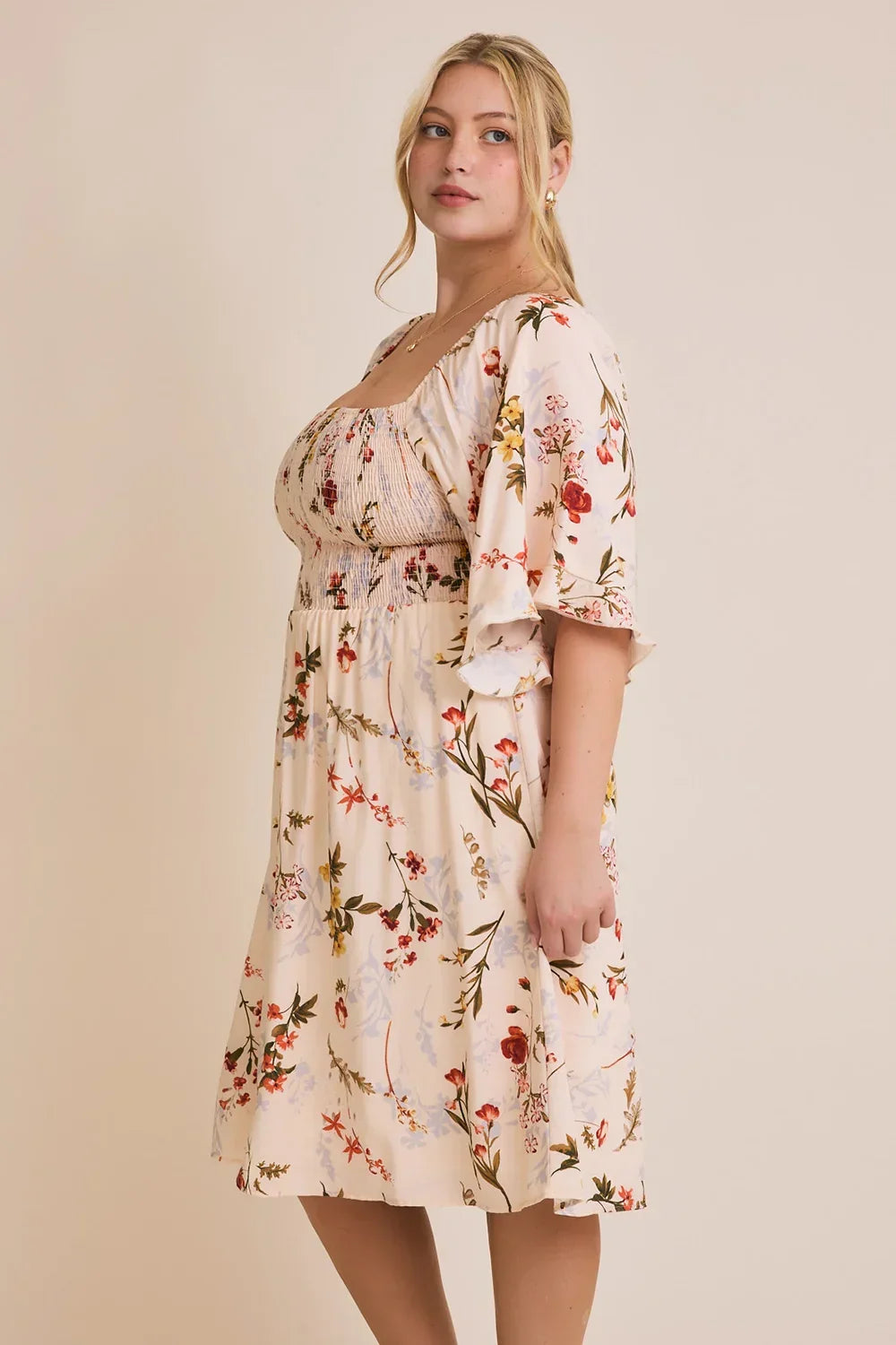 Plus Size Floral Smocked Square Neck Puff Sleeve Romantic Cottagecore Mini Dress - Tasha Apparel Wholesale