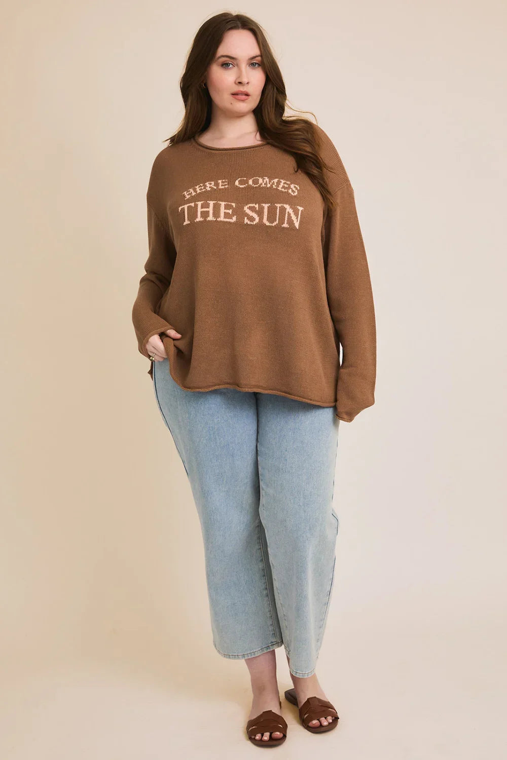 Plus Size Brown "Here Comes The Sun" Knit Long Sleeve Sweater - Tasha Apparel Wholesale