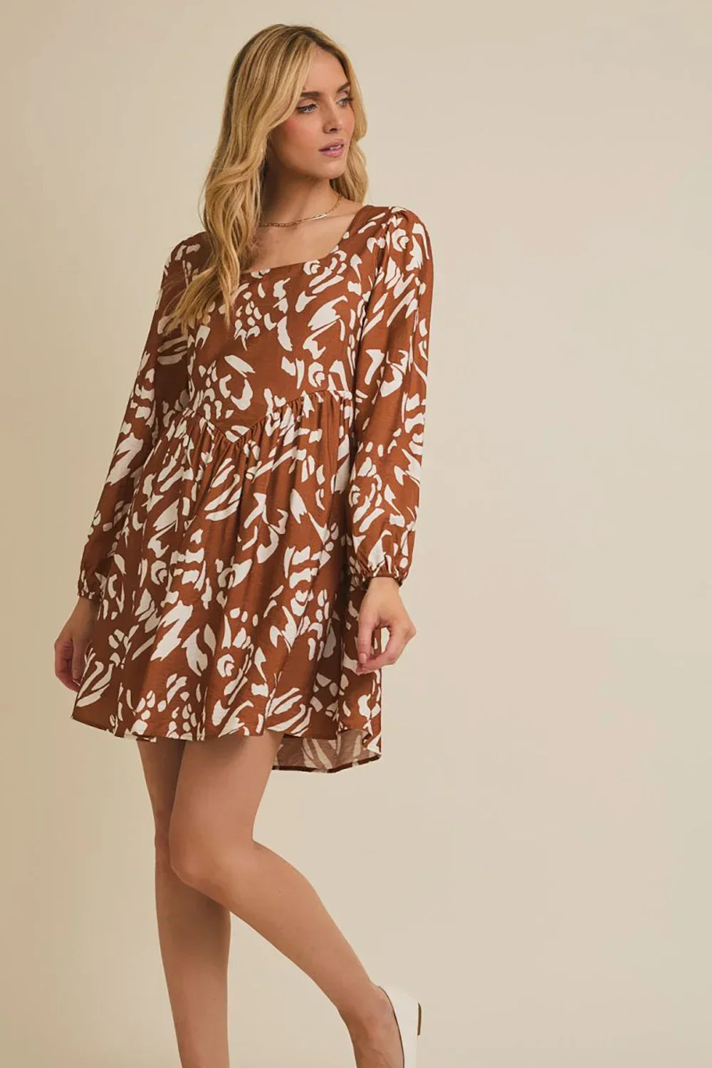 Plus Size Rust Brown Abstract Print Long Sleeve Empire Waist Boho Mini Plus Size Rust Brown Abstract Print Long Sleeve Empire Waist Boho Mini