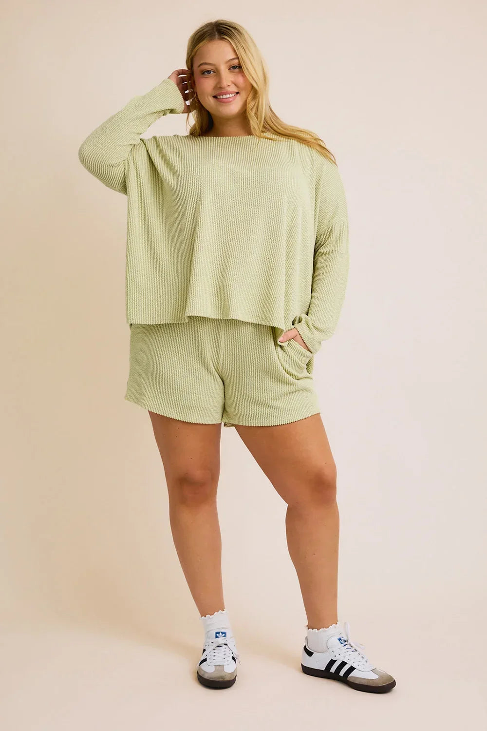 Sage Green Waffle Knit Oversized Long Sleeve Crew Neck Lounge Top - Tasha Apparel Wholesale