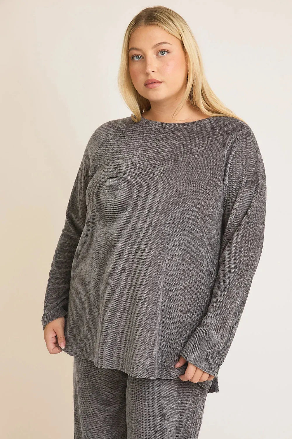 Plus Size Charcoal Knit Cozy Long Sleeve Top and Wide Leg Lounge Set Pants - Tasha Apparel Wholesale