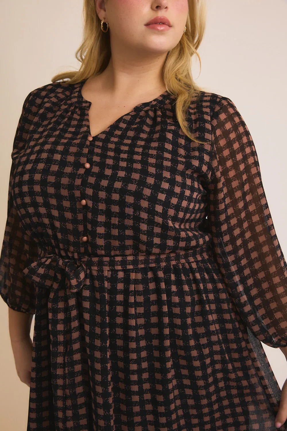 Plus Size Black Brown Checkered Shirred Button Front 3/4 Sleeve Dress - Tasha Apparel Wholesale