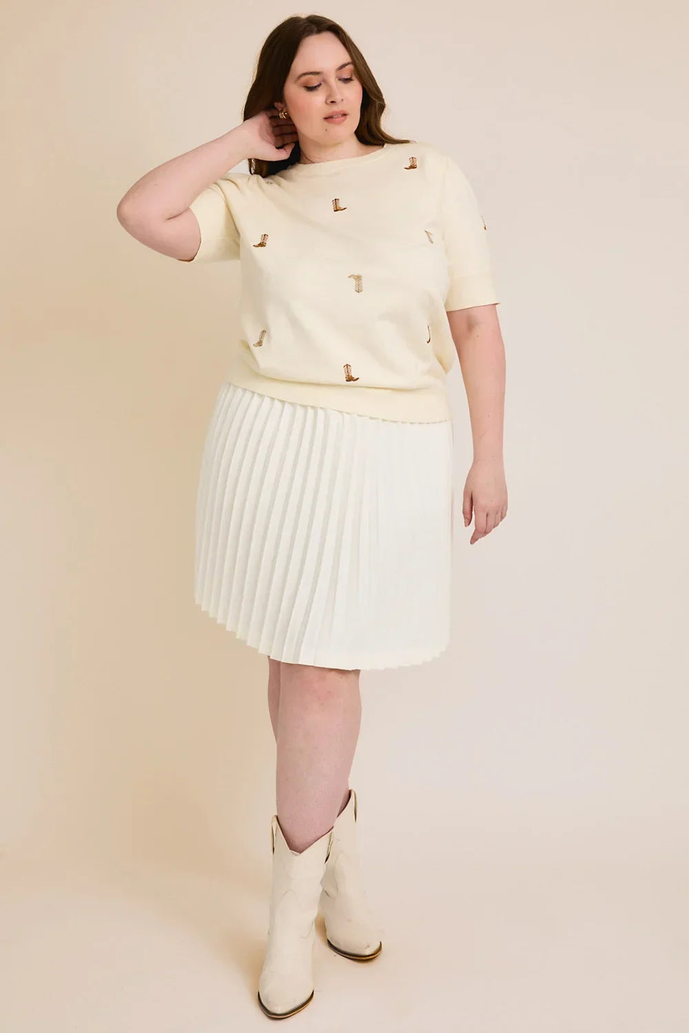 Plus Size Cream Cowboy Boot Embroidered Short Sleeve Knit Top - Tasha Apparel Wholesale