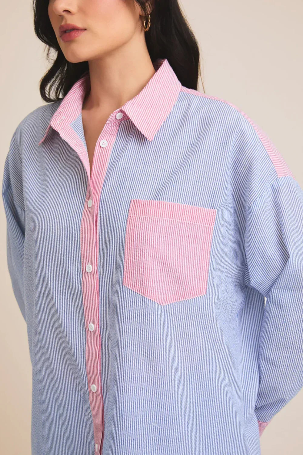 Pastel Dreams Colorblock Striped Oversized Shirt - Pink & Blue Two-Tone