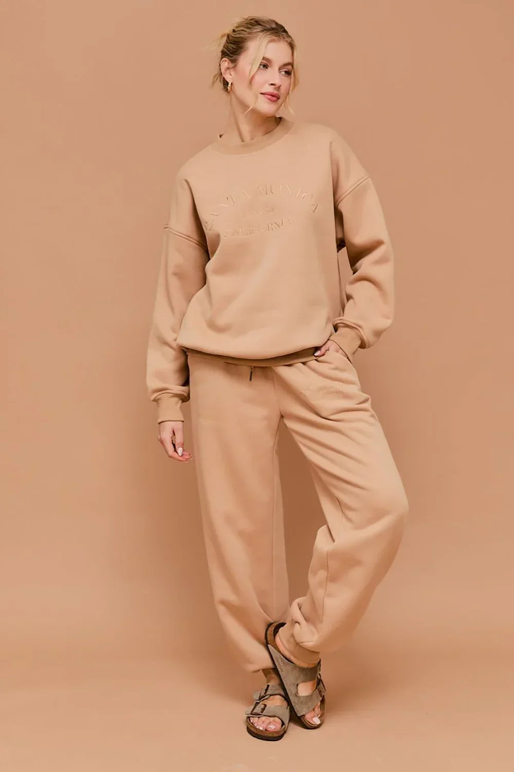 "Santa Monica California" Embossed Graphic Elastic Waist Drawstring Joggers - Tasha Apparel Wholesale