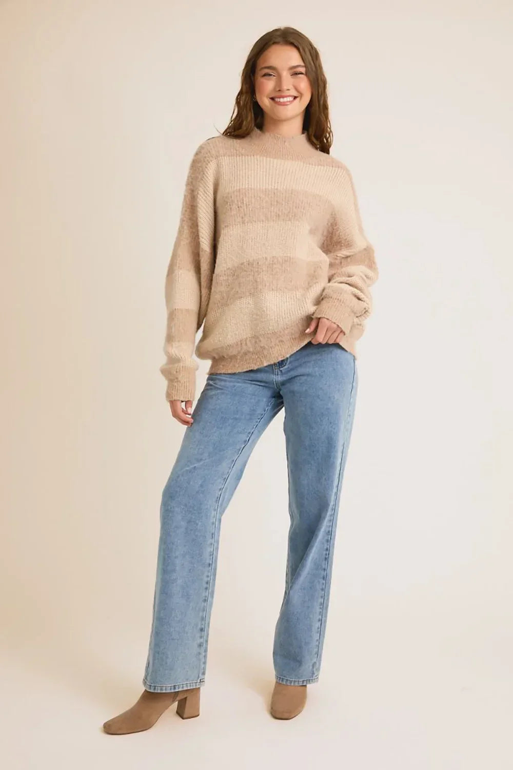 Cozy Striped Fuzzy Knit Mock Neck Oversized Sweater - Tasha Apparel Wholesale