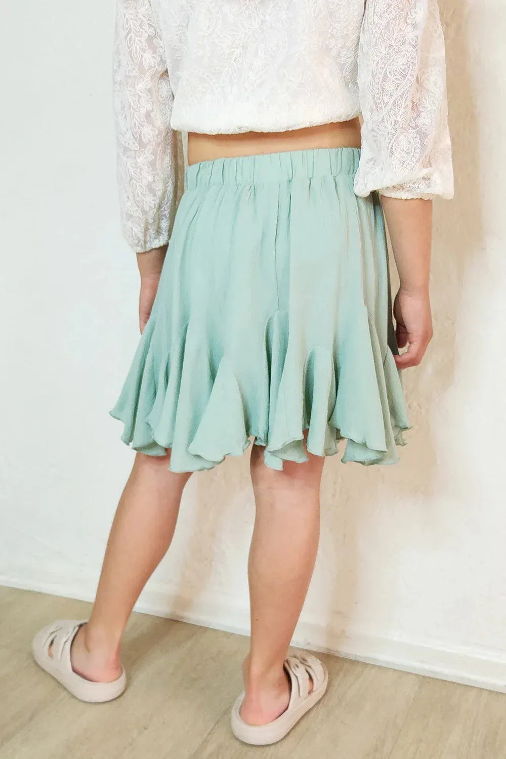 Girls Mint Green Sage Elastic Waist Flowy Ruffle Skater Mini Skort - Tasha Apparel Wholesale