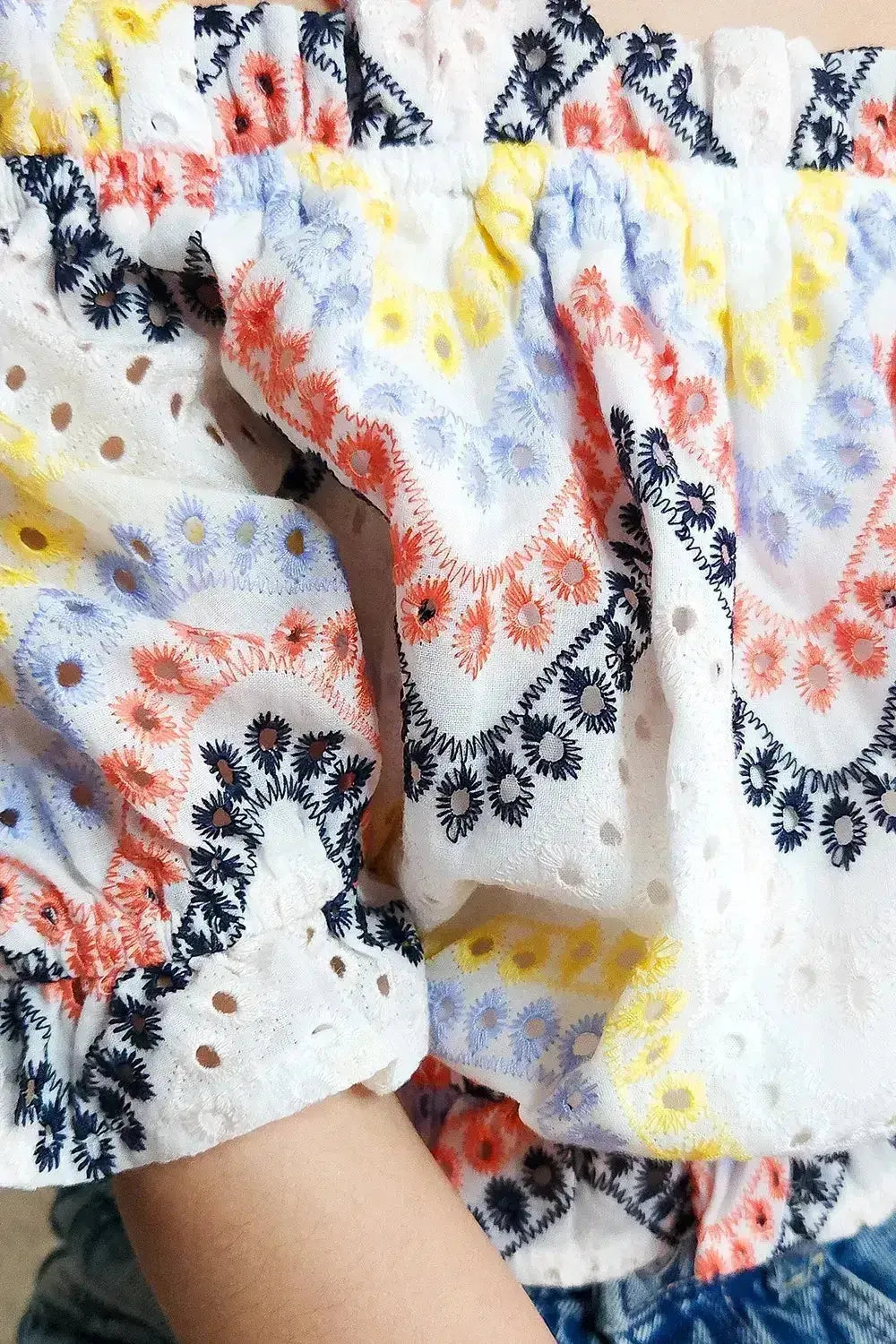 Girls Rainbow Multicolor Boho Lace Cold Shoulder Ruffle Crop Top - Tasha Apparel Wholesale