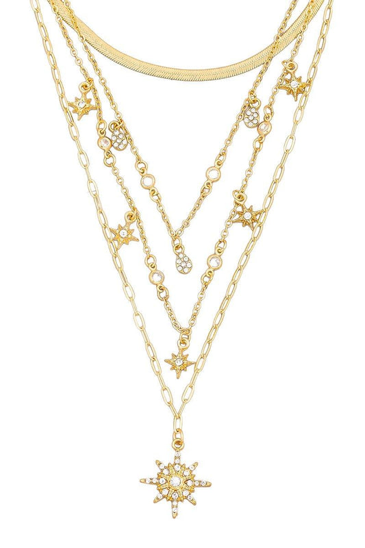 Multi Layered Pave Star Teardrop Charm Necklace - Tasha Apparel Wholesale