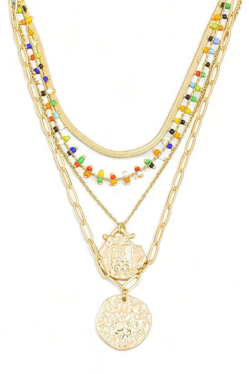 Seed Beads Hammered Coin Charm Layered Chain Necklace - Tasha Apparel Wholesale