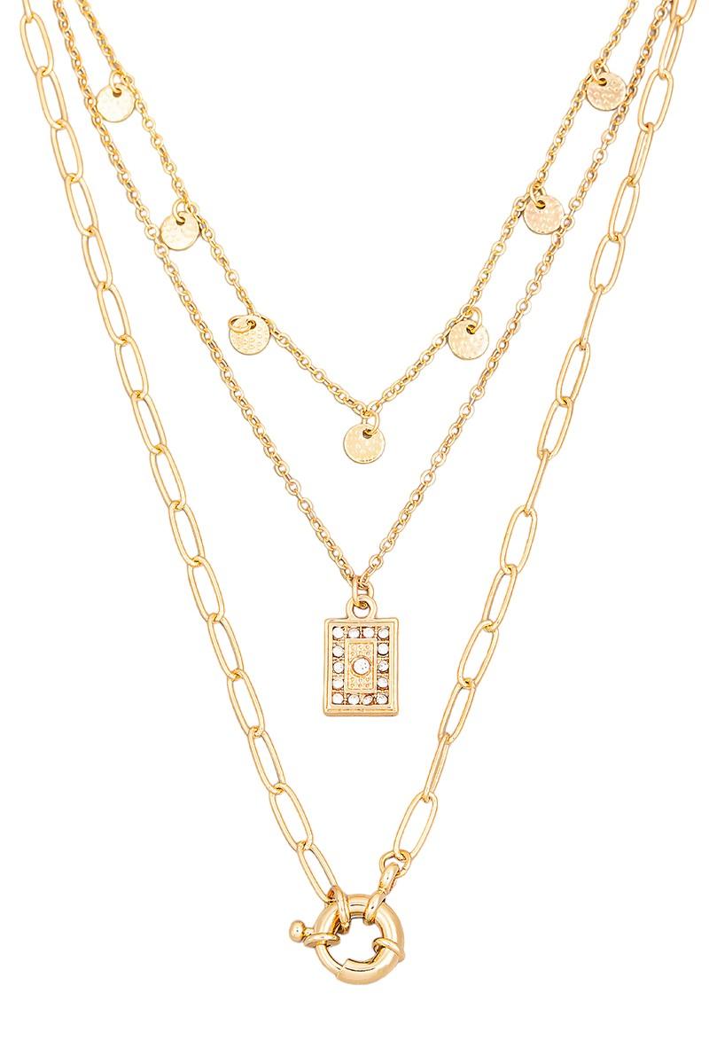 Layered Chain Link Circle Rectangular Charm Necklace - Tasha Apparel Wholesale