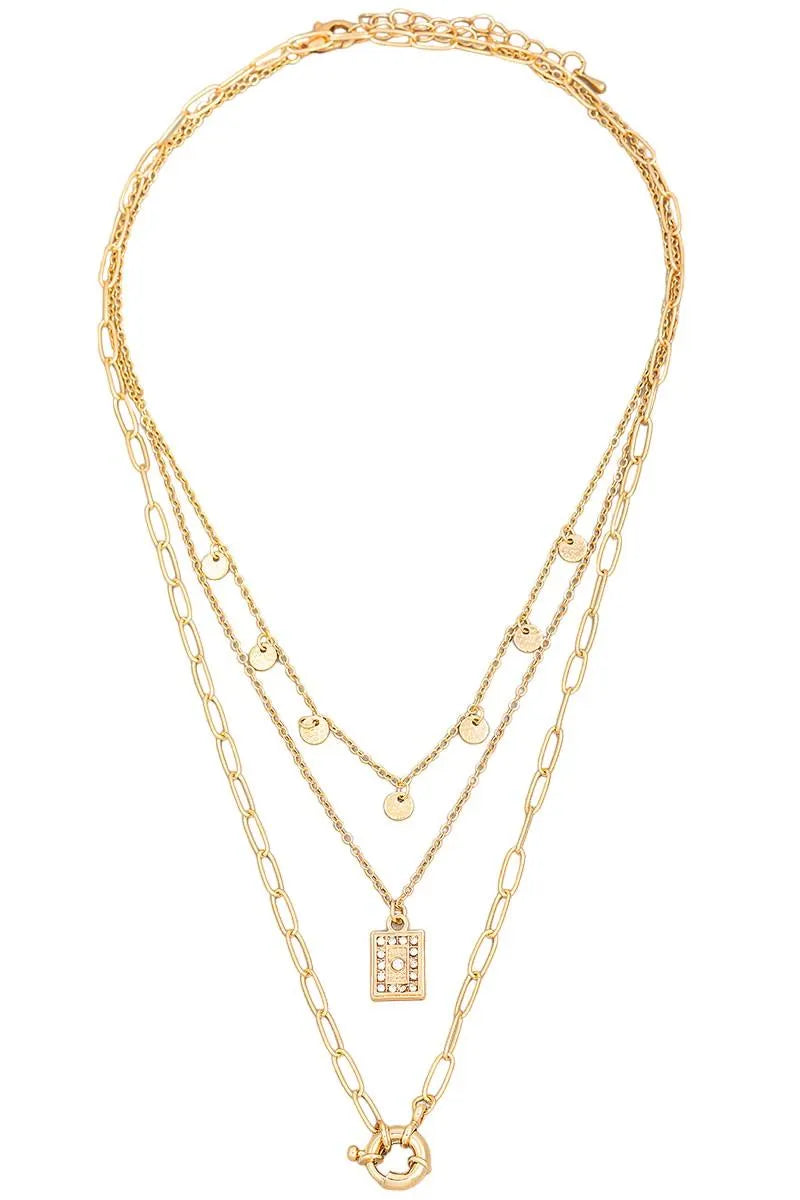 Layered Chain Link Circle Rectangular Charm Necklace - Tasha Apparel Wholesale