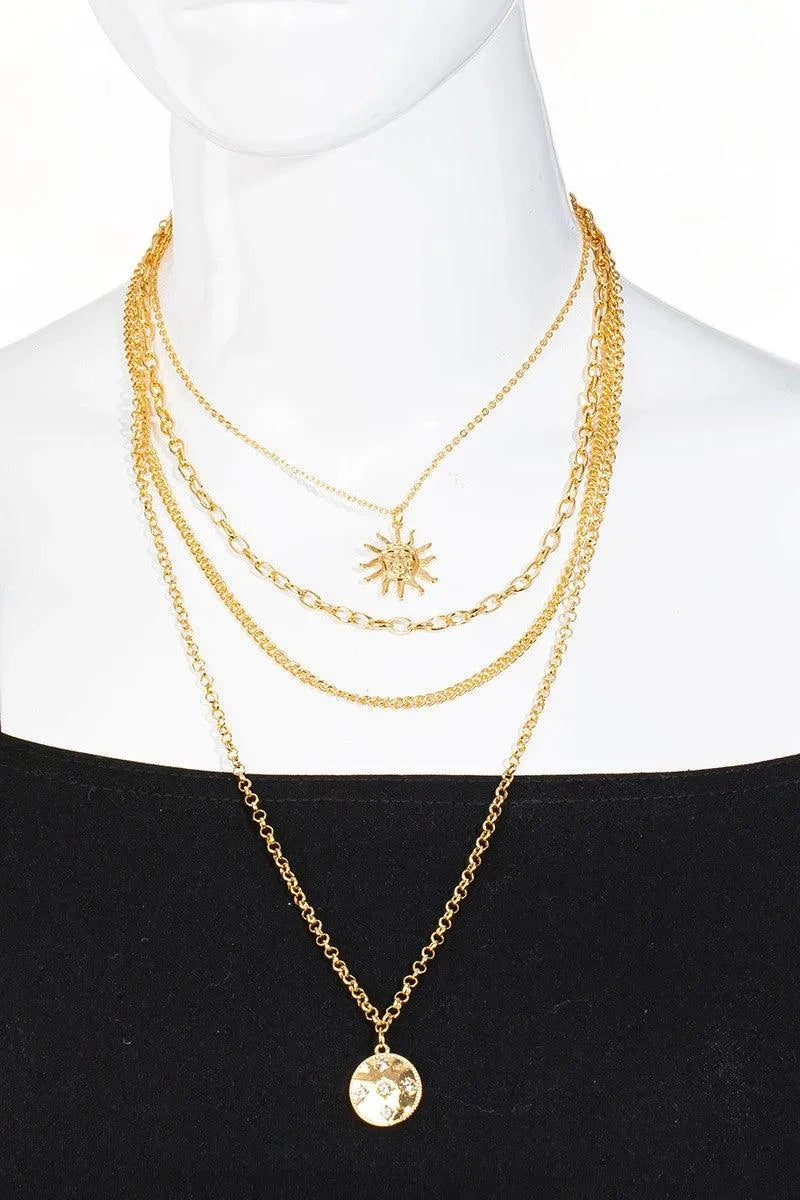 Layered Chain Sun Pendant Necklace & Ball Earring Set - Tasha Apparel Wholesale