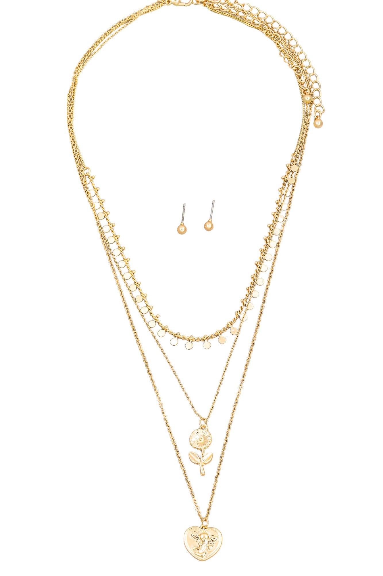Dainty Layered Flower Heart Pendant Necklace & Ball Earring Set - Tasha Apparel Wholesale