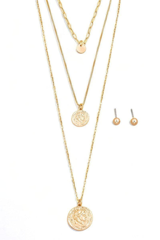 3 Layered Coin Pendant Necklace & Small Ball Earring Set - Tasha Apparel Wholesale