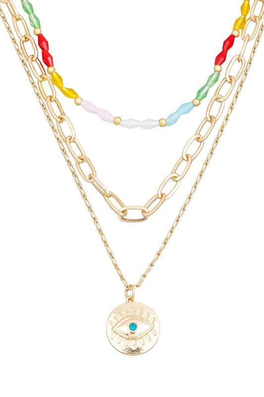 Layered Chain Evil Eye Coin Pendant Colorful Bead Necklace - Tasha Apparel Wholesale