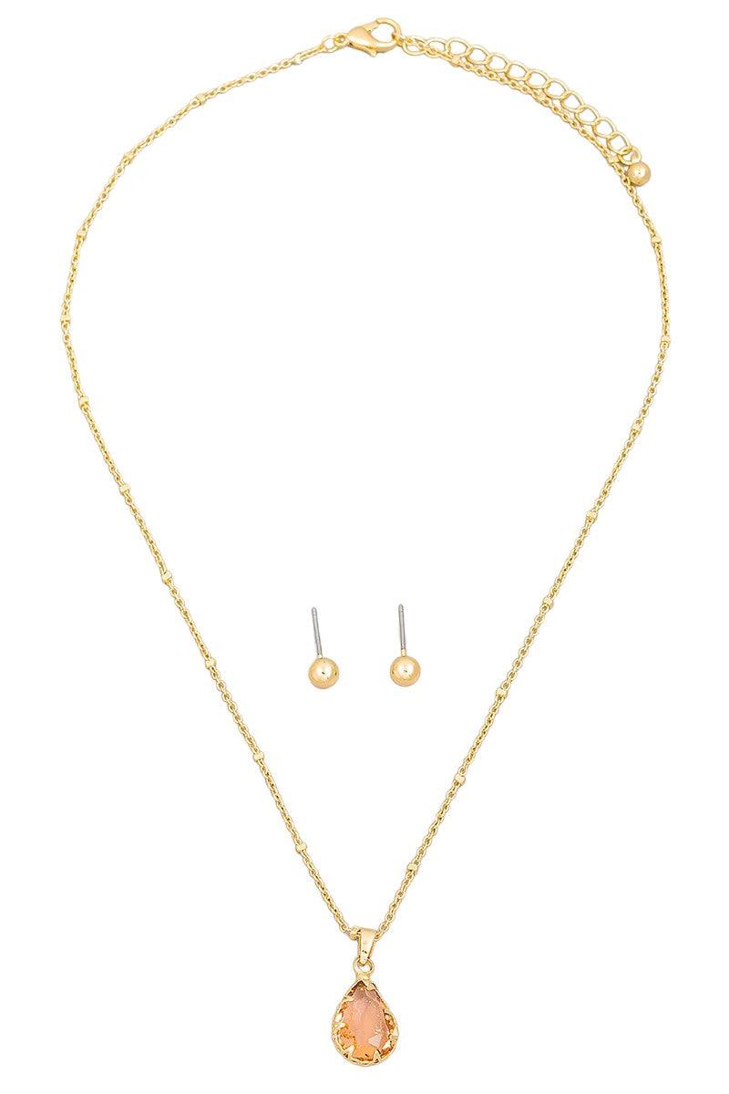 Crystal Teardrop Necklace & Small Ball Earring Set - Tasha Apparel Wholesale