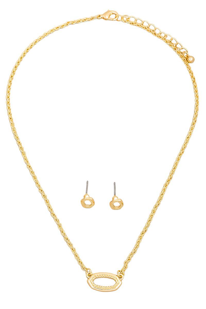 Dainty Rope Chain Oval Charm Necklace Pentagon Earring Set - Tasha Apparel Wholesale