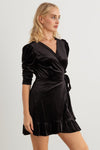 Black Velvet Midi Sleeve Wrap Tie Mini Dress /1-2