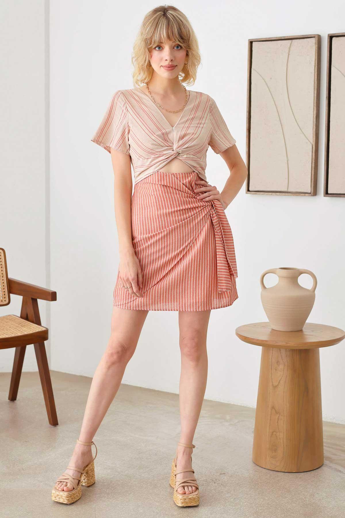 Boho Stripe Twist Bust Line Cut-Out Waist Side Tie Warp Midi Dress - Tasha Apparel Wholesale