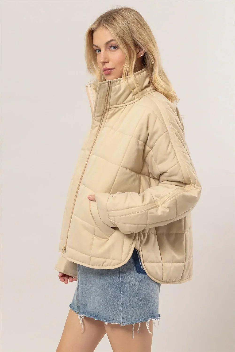 Cream Beige Quilted Lightweight Zip Up Neutral Fall Winter Puffer Jacket