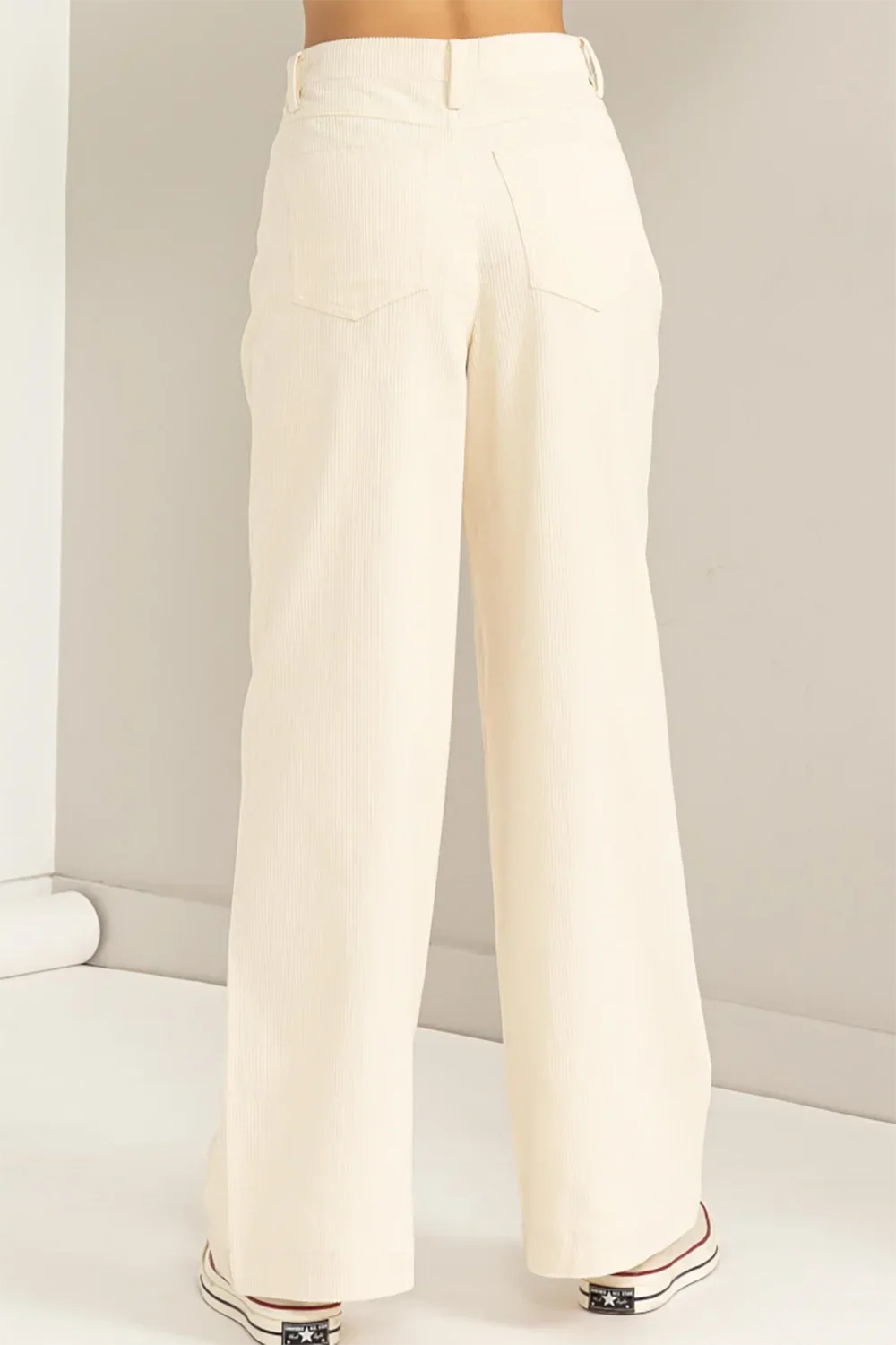 Cream 100% Cotton Corduroy Wide Leg Pants Boho Relaxed Fit Trendy Pants