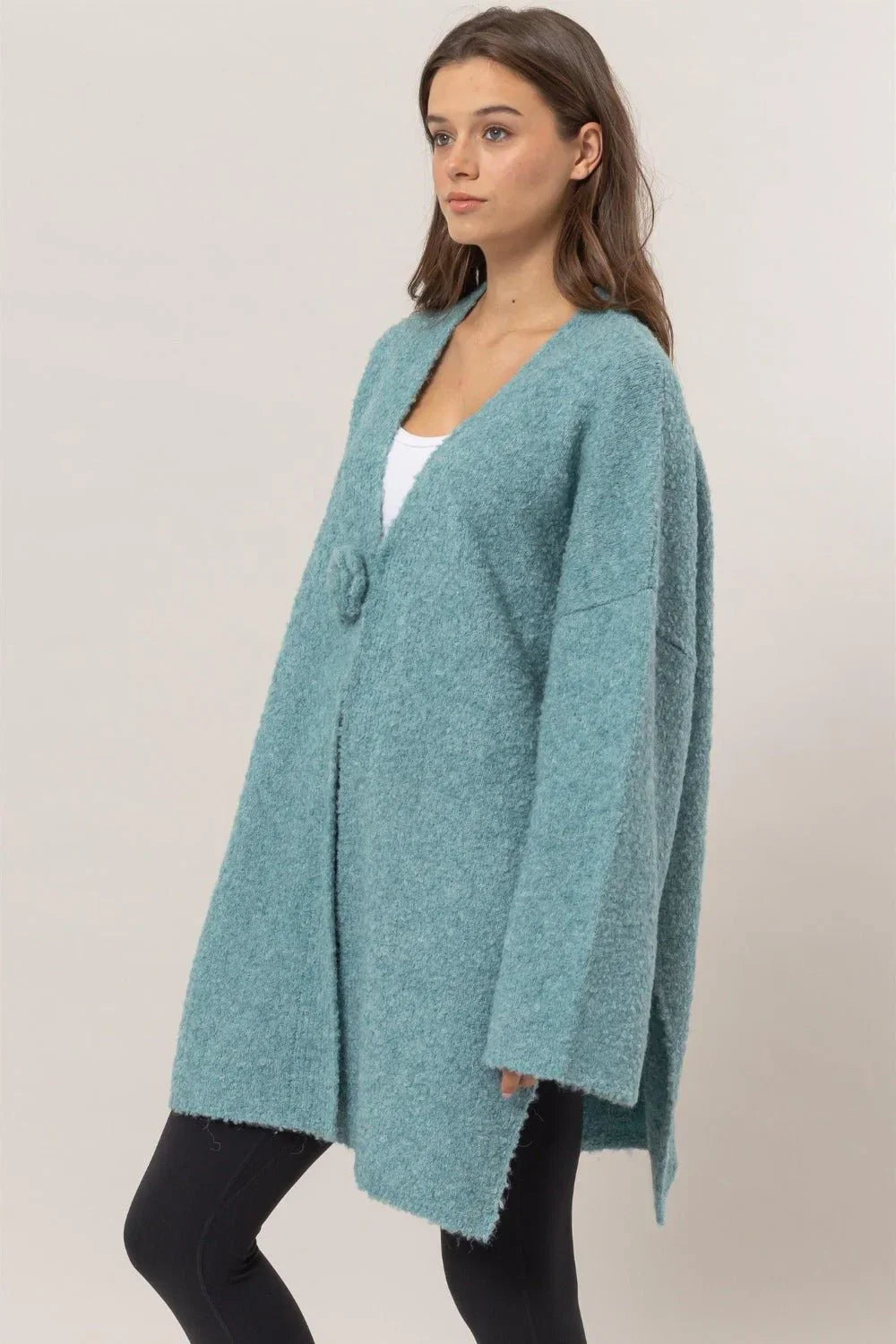 Oversize Cozy Seafoam Boucle Cardigan with Flower Button Knit Sweater Coat - Tasha Apparel Wholesale