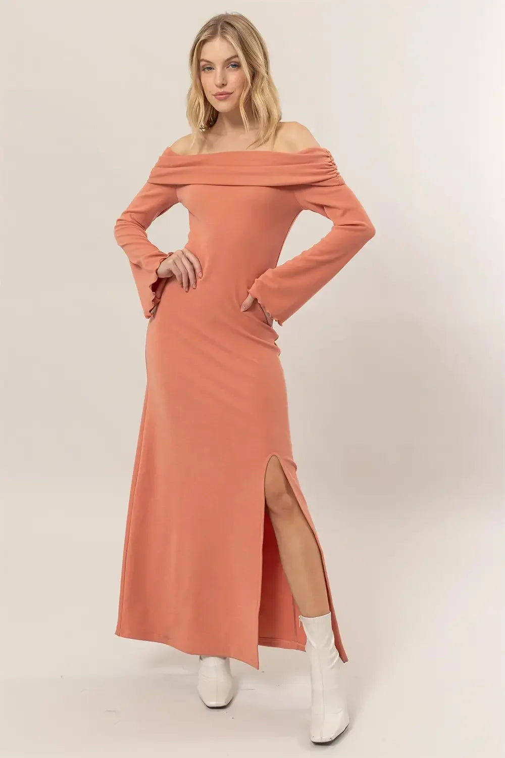 Coral Off Shoulder Ribbed Knit Long Sleeve Boutique Maxi Dress Coral Off Shoulder Ribbed Knit Long Sleeve Boutique Maxi Dress
