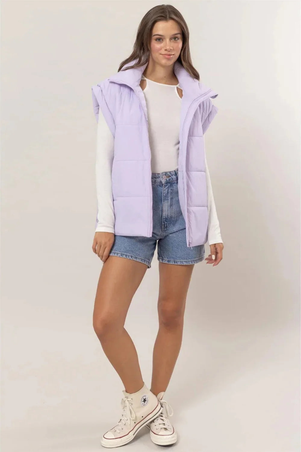 Trendy Lavender Quilted Puffer with High Collar Lightweight Padded Zip-Up Vest - Tasha Apparel Wholesale