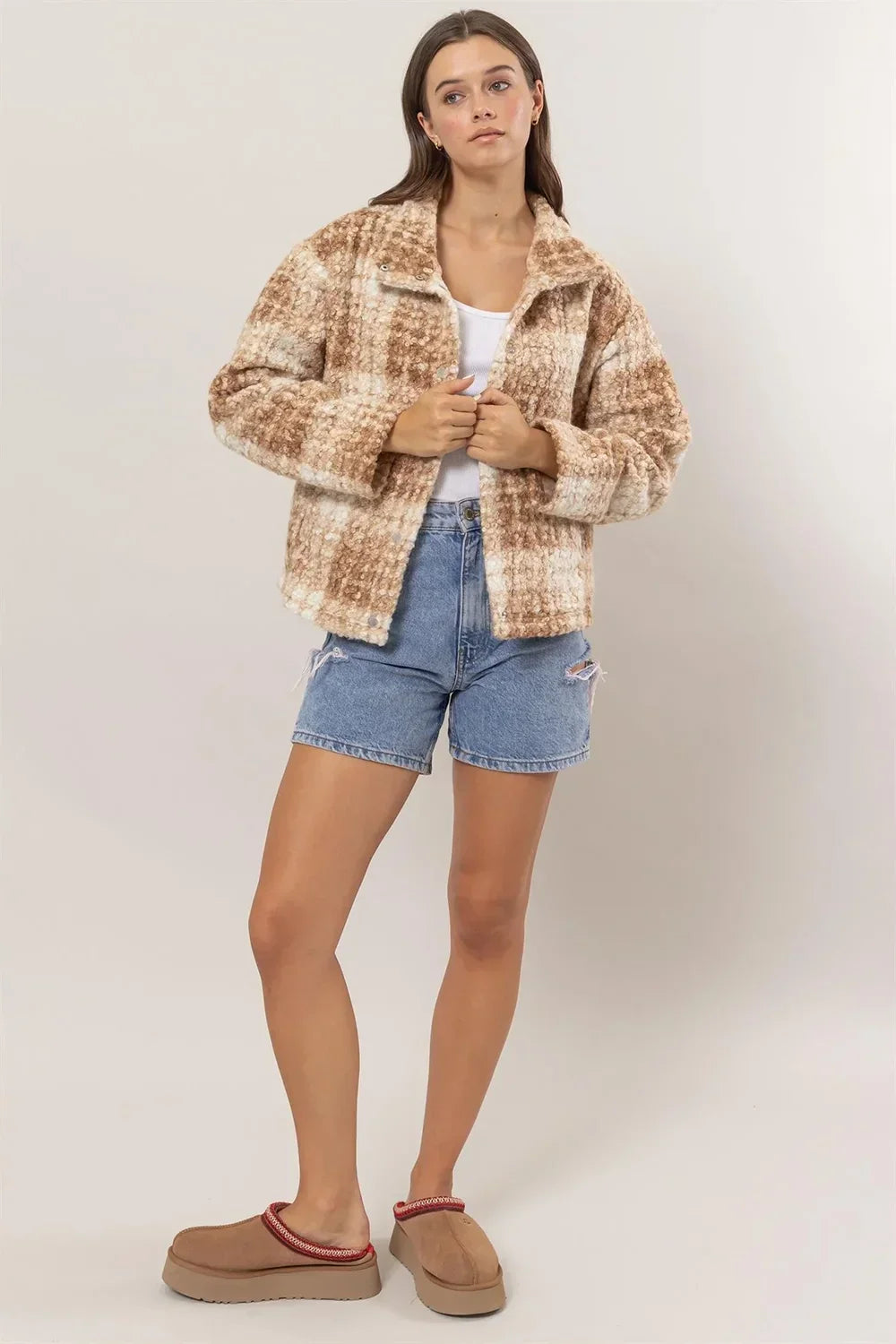 HF24F882 Plaid Collared Neck Pockets Boucle Jacket Shacket - Tasha Apparel Wholesale