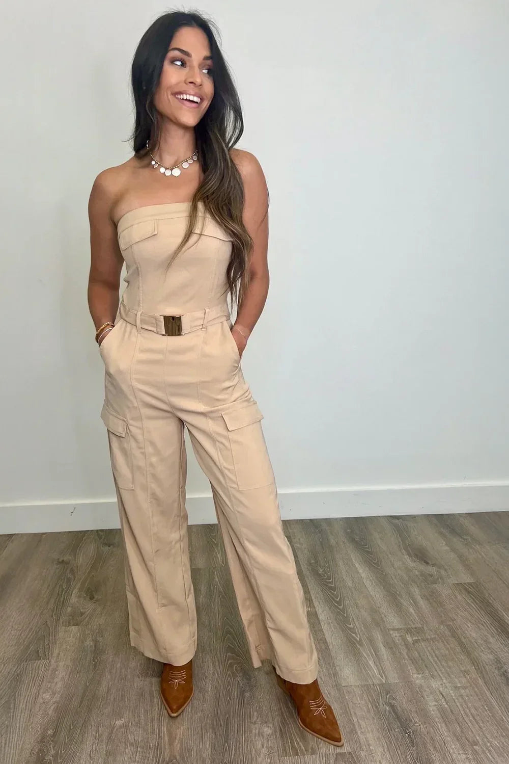 Pocket Belted Strapless Camel Beige Cargo Utility Jumpsuit - Tasha Apparel Wholesale