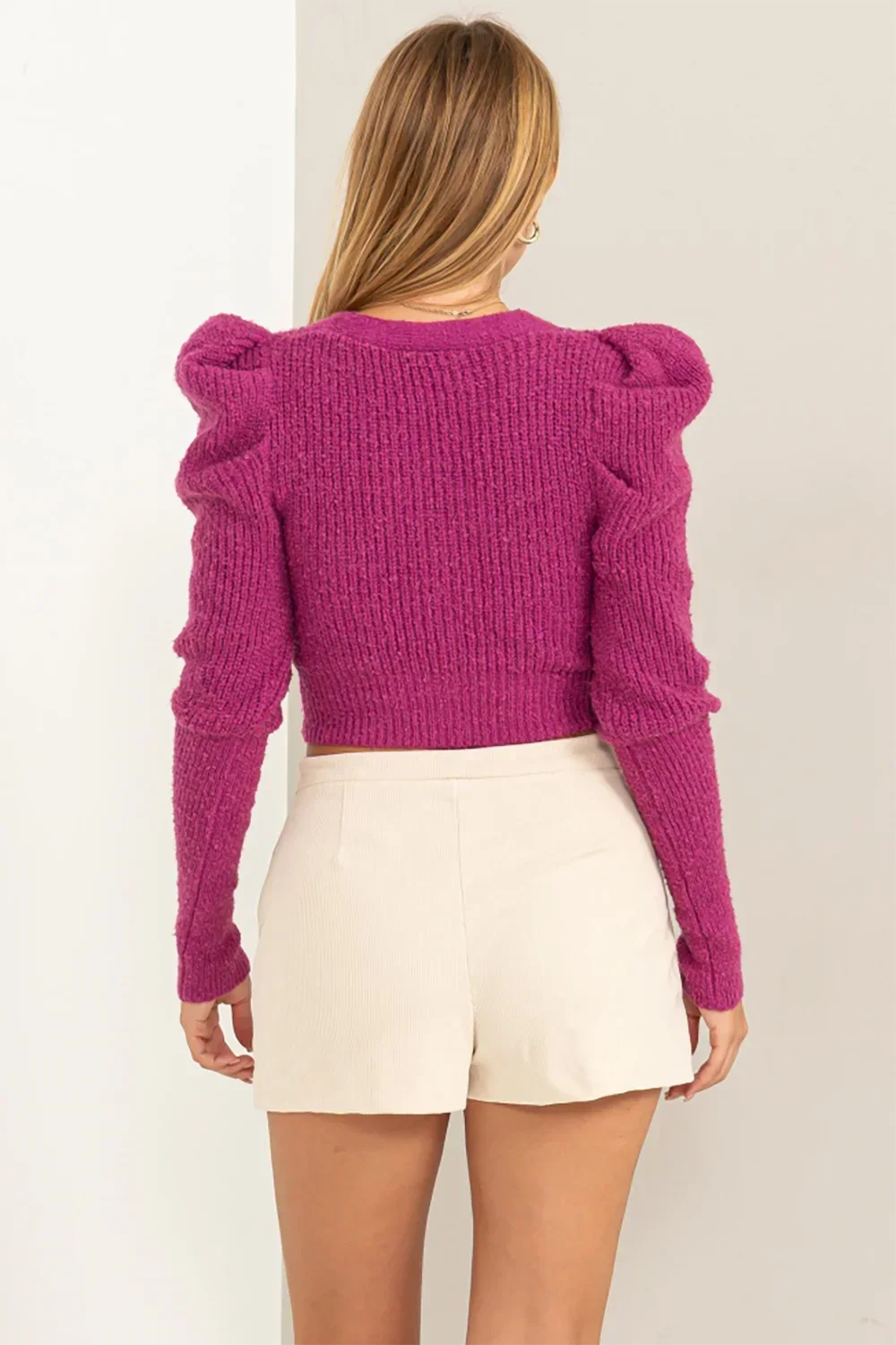Ribbed Knit Cropped Button Front Puffy Sleeve V-Neck Sweater Cardigan