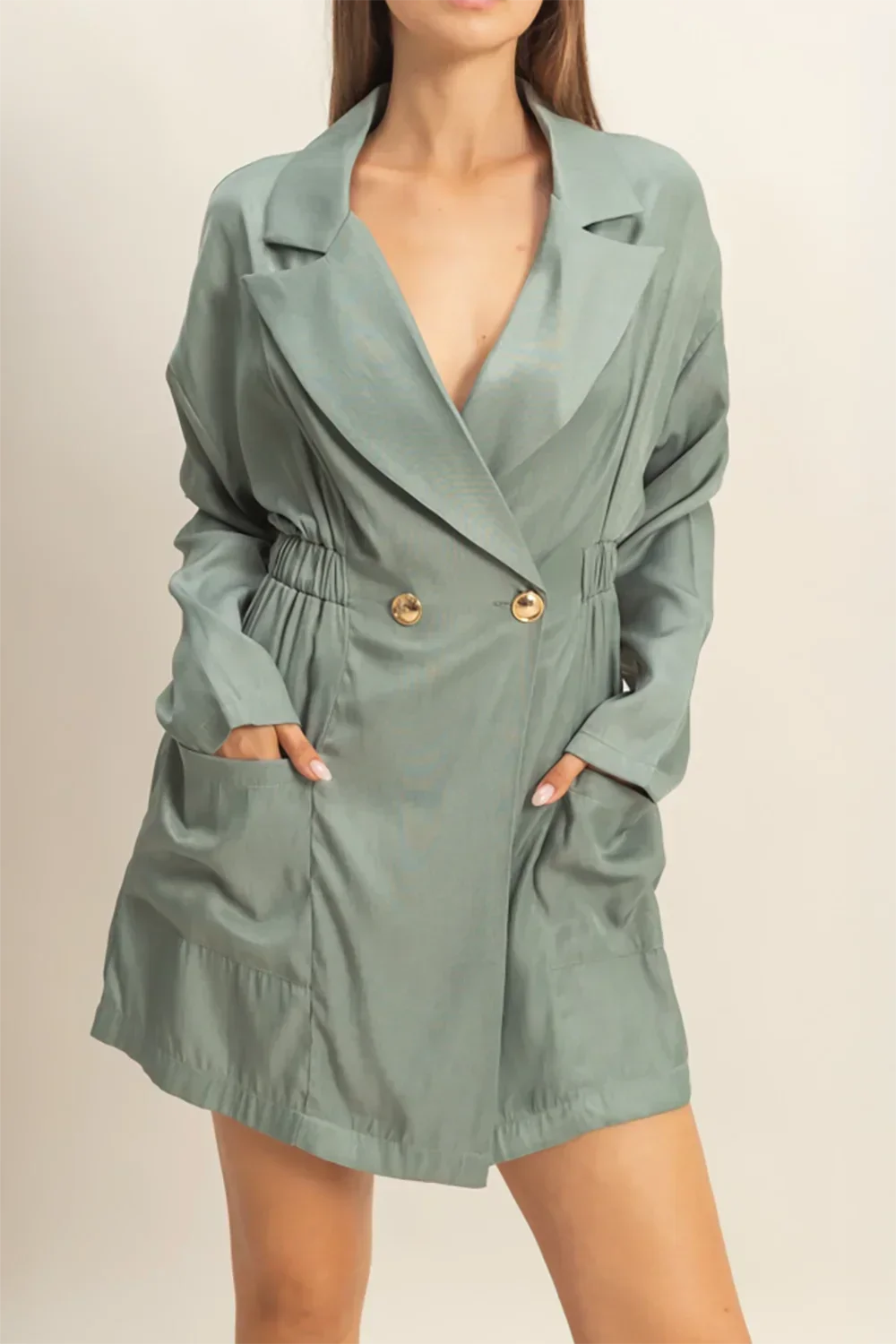 Sage Green Oversized Double Breasted Cinched Waist Blazer Mini Dress - Tasha Apparel Wholesale