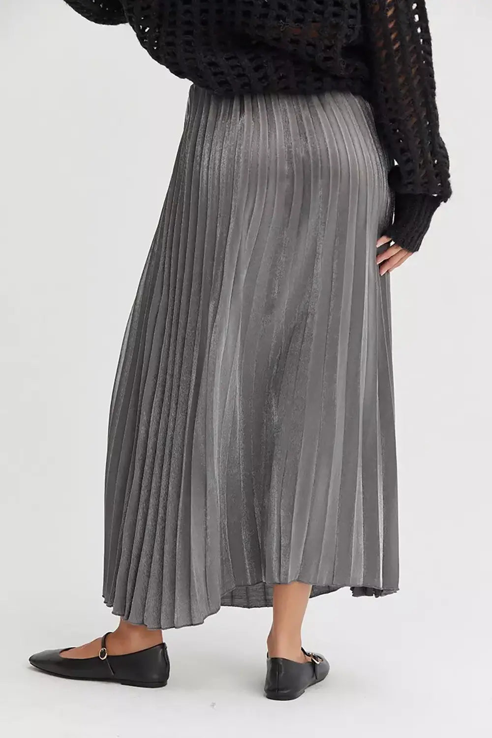Elastic Waist Flowy Metallic Shiny Boutique Pleated Midi Skirt