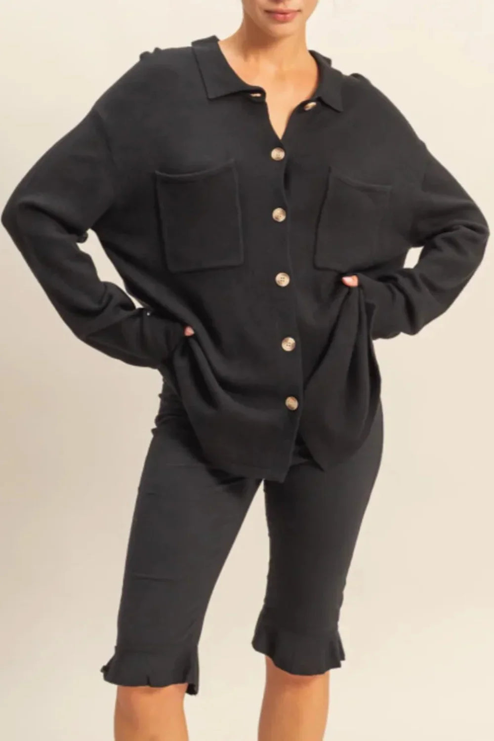 Black Collared Front Pocket Button Down Sweater Shirt