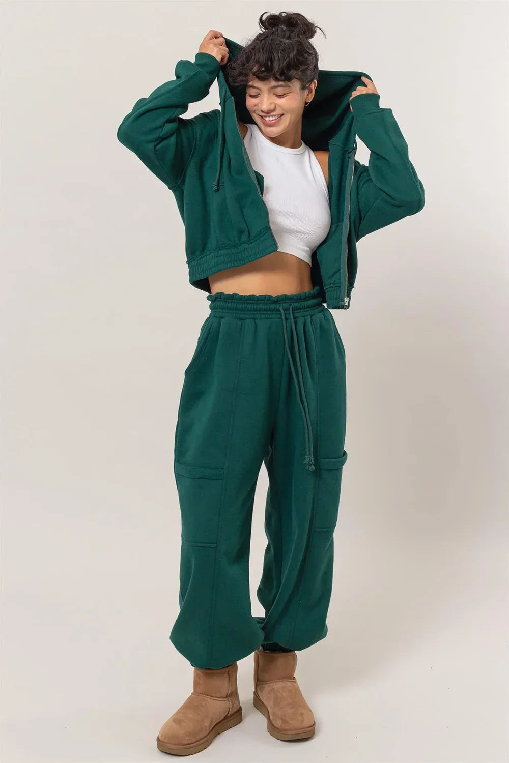 Cropped Zip Up Trendy Seam Detailing Fleece Fall Hoodie Jacket