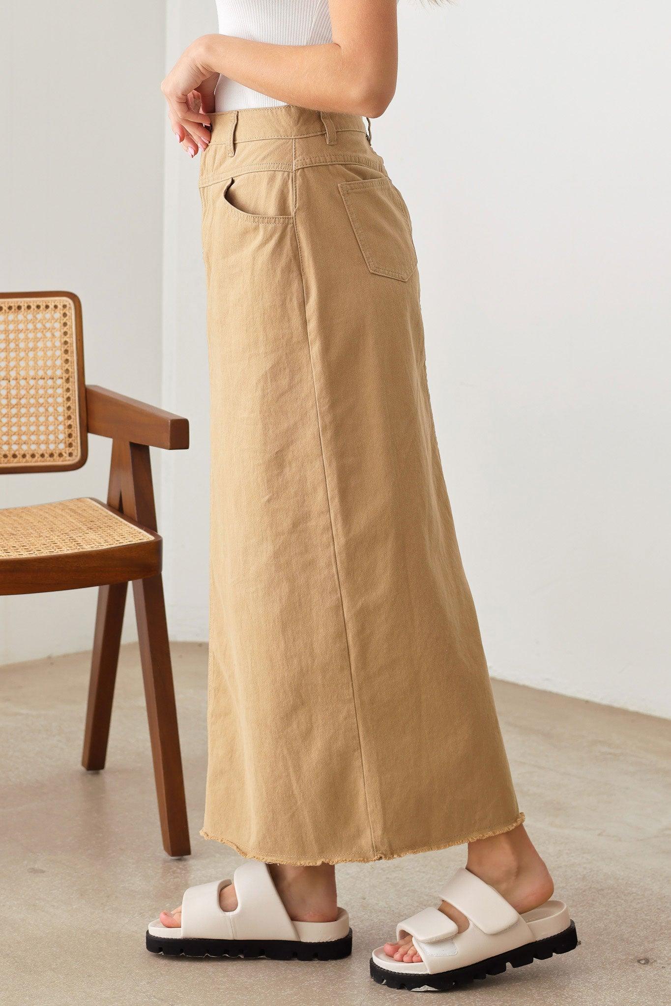 Mid Waist A-Line Frayed Hem Back Leg Slit Maxi Skirt - Tasha Apparel Wholesale
