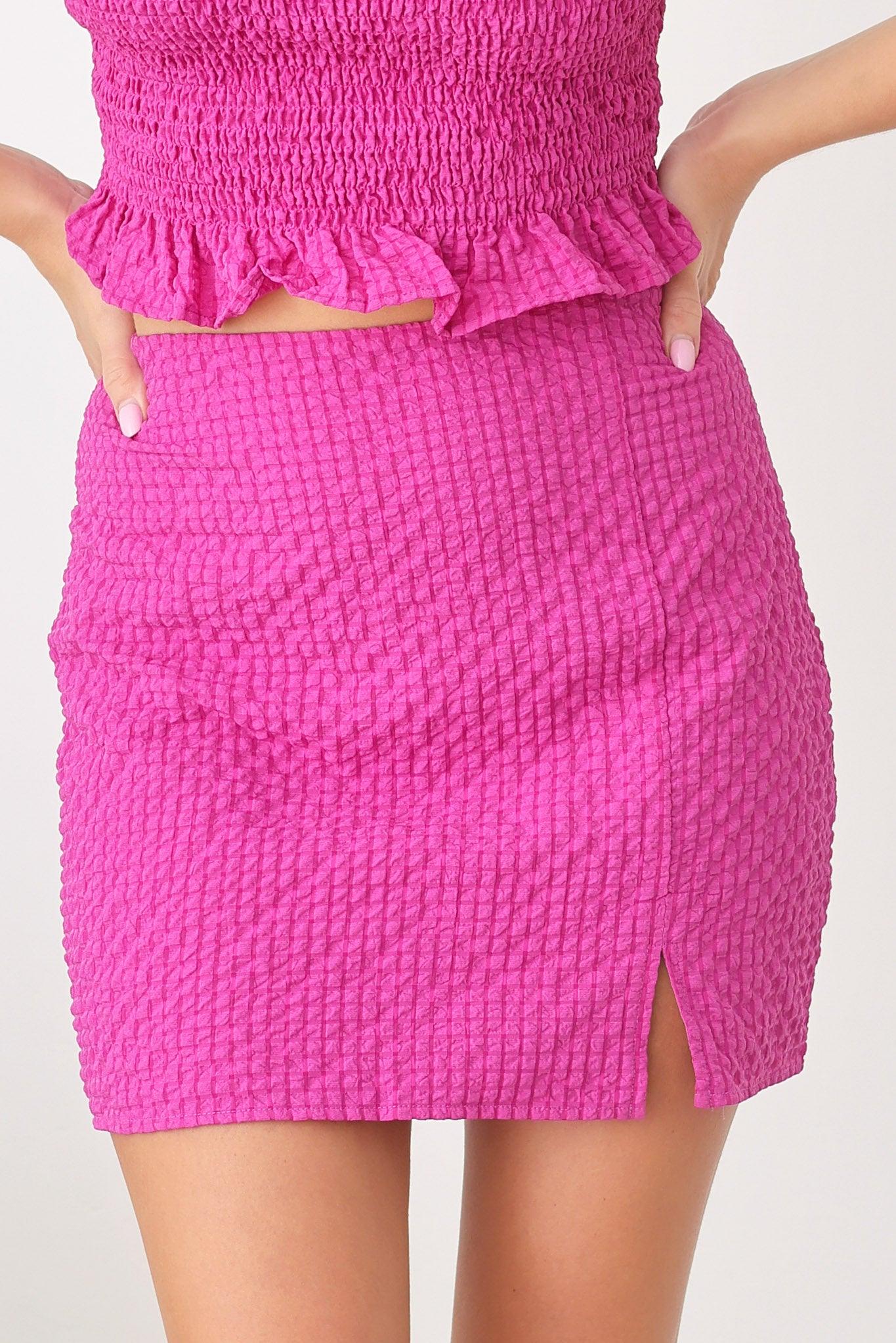 Plaid Quilted Front Leg Slit Skirt & Strapless Crop Top Set - Tasha Apparel