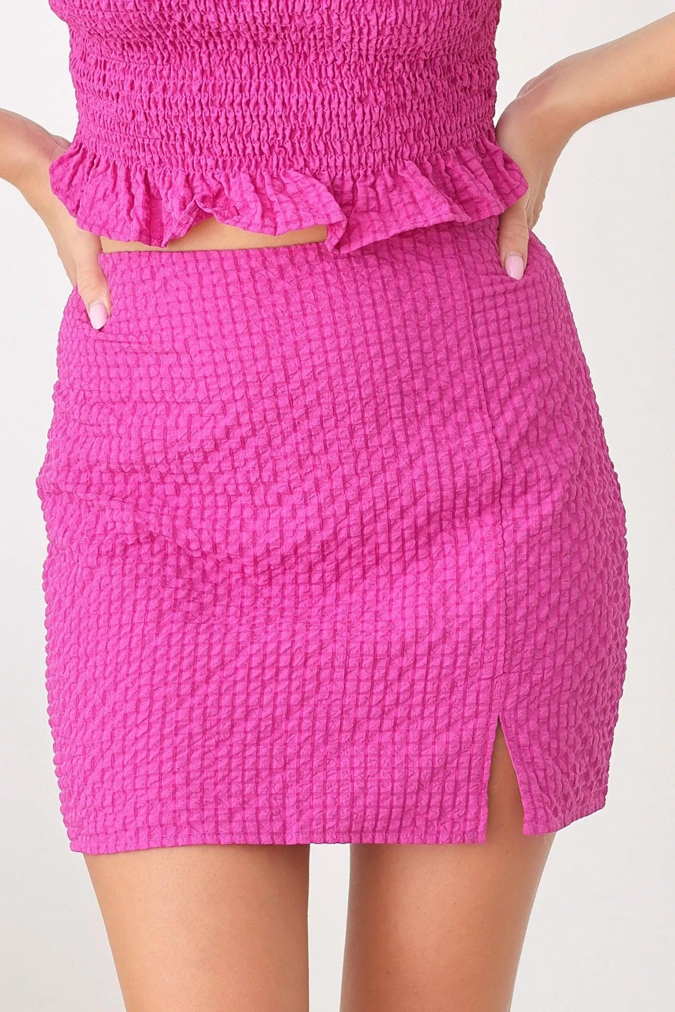 Plaid Quilted Front Leg Slit Skirt & Strapless Crop Top Set - Tasha Apparel Wholesale