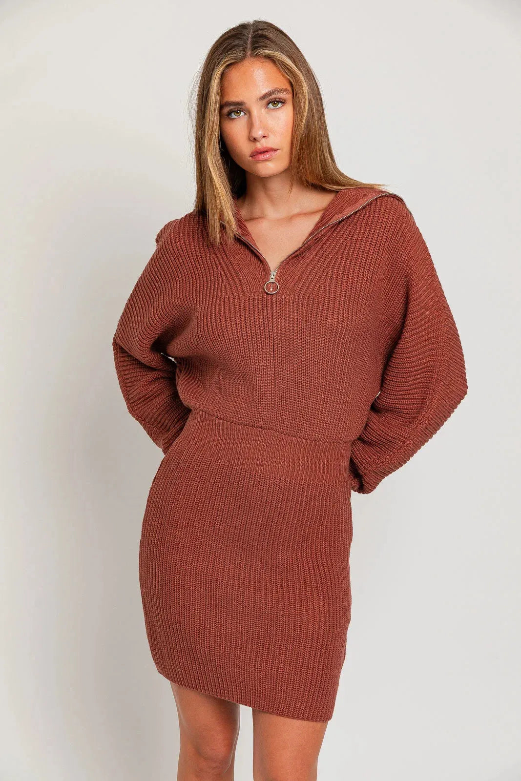 Collared Half Zipper Long Sleeve Mini Sweater Dress Collared Half Zipper Long Sleeve Mini Sweater Dress