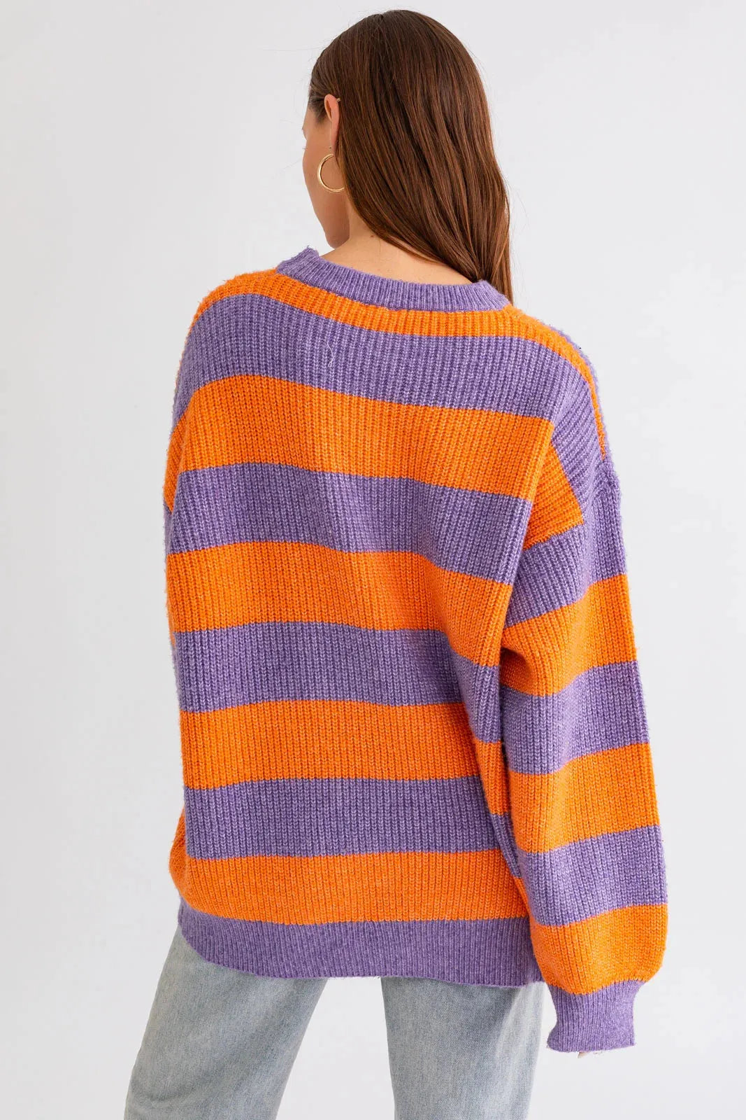 Round Neckline Long Wide Sleeve Striped Sweater - Tasha Apparel Wholesale