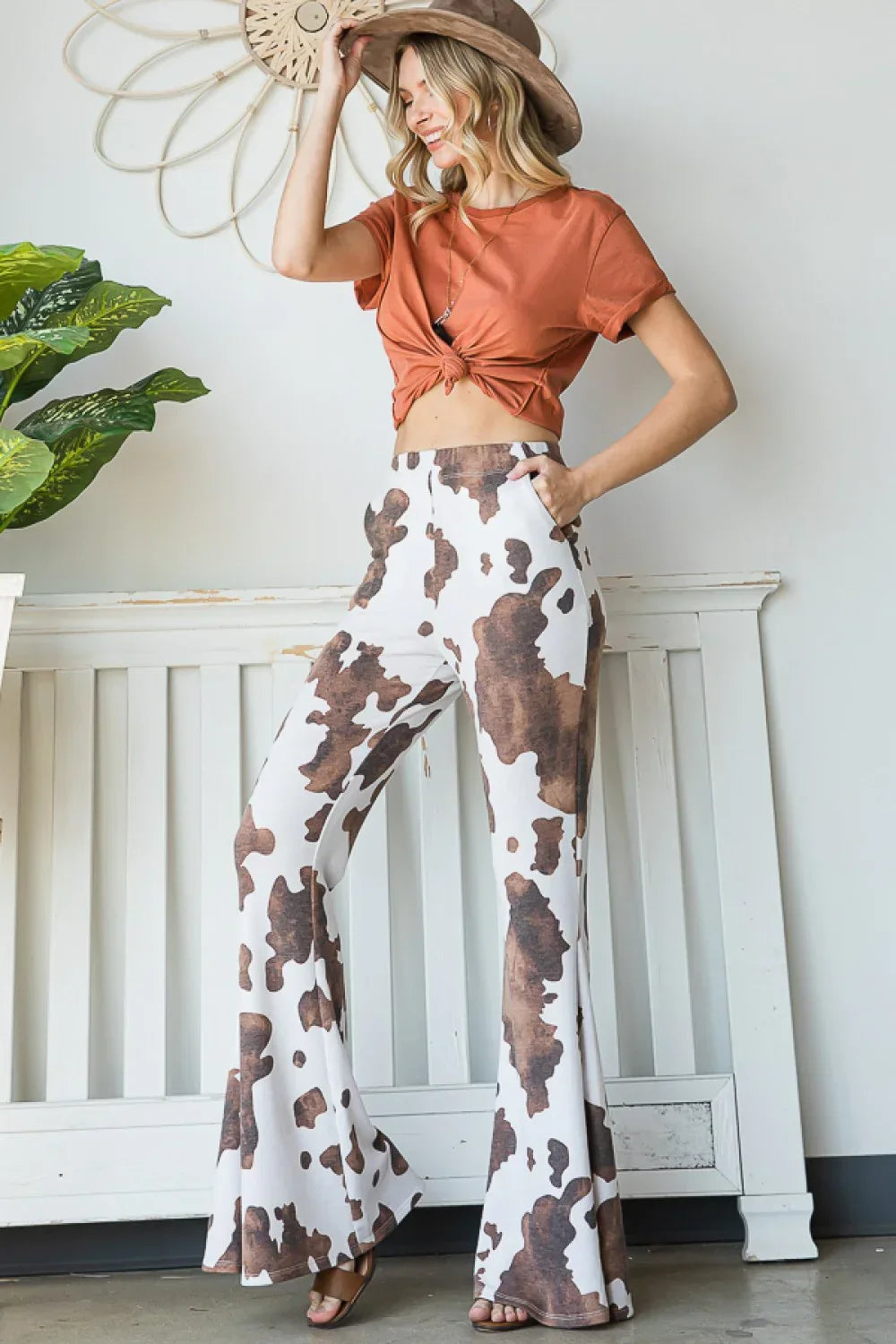 Plus Size Western Cow Print High Waist Flare Leg Pants - Tasha Apparel Wholesale