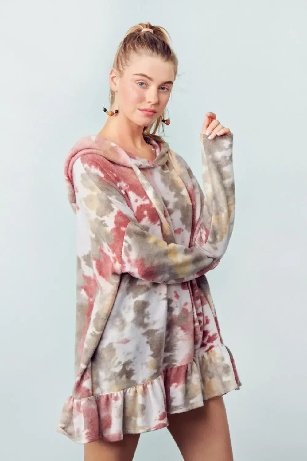 Plus Size Tie Dye Hoodie Drawstring Ruffle Tunic Top - Tasha Apparel Wholesale