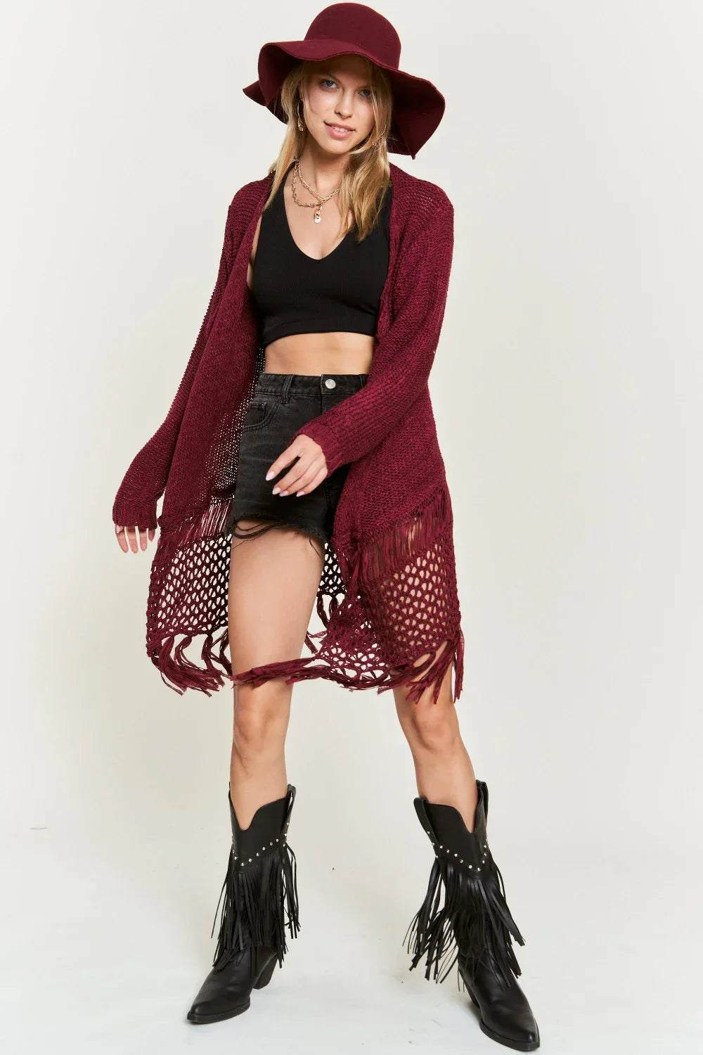 Boho Fringe Long Sleeve Crochet Detail Festival Layering Open Front Cardigan - Tasha Apparel Wholesale