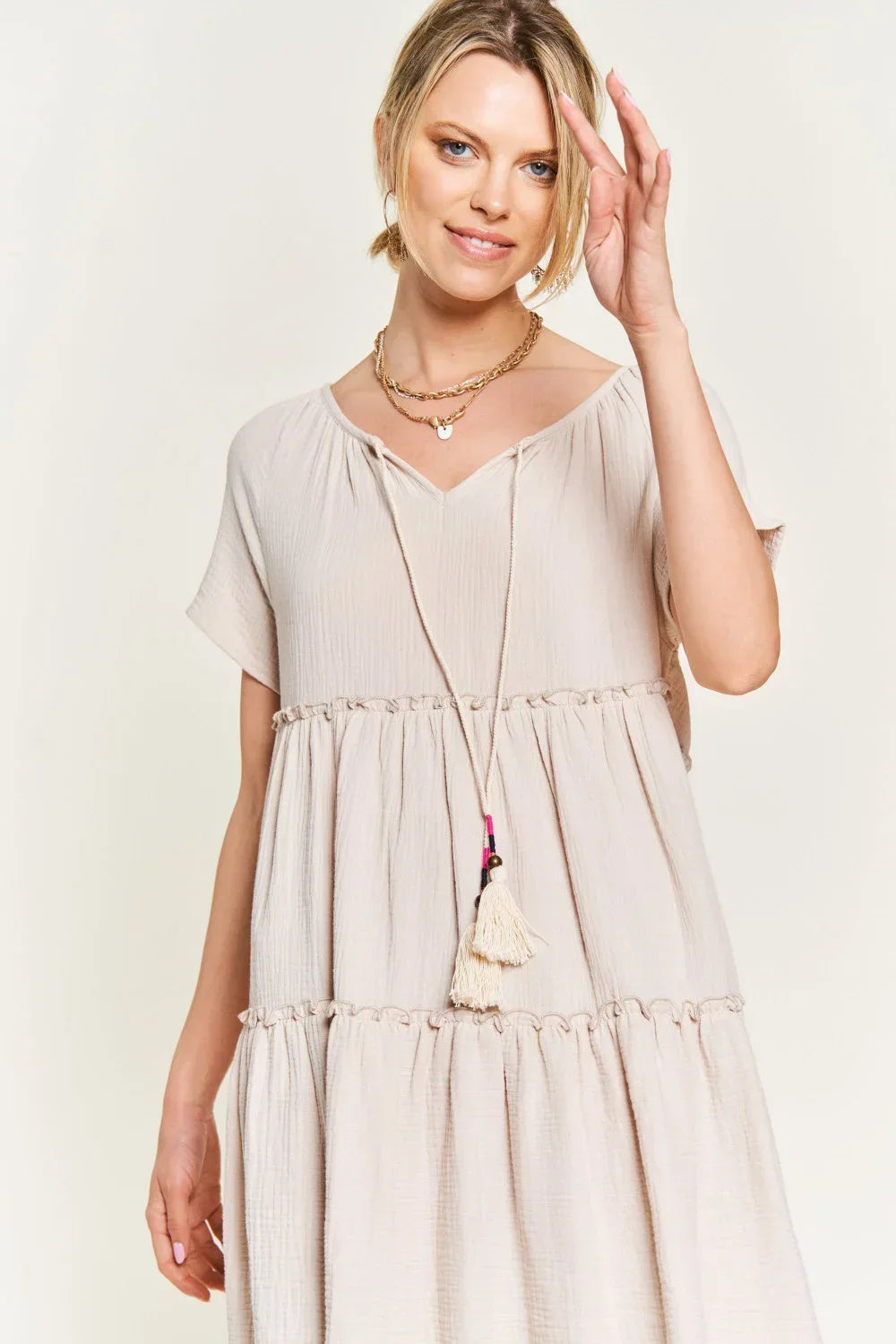 Plus Size Tiered Babydoll Short Sleeve V Neck Tassel Tie Casual Summer Swing Dress - Tasha Apparel Wholesale