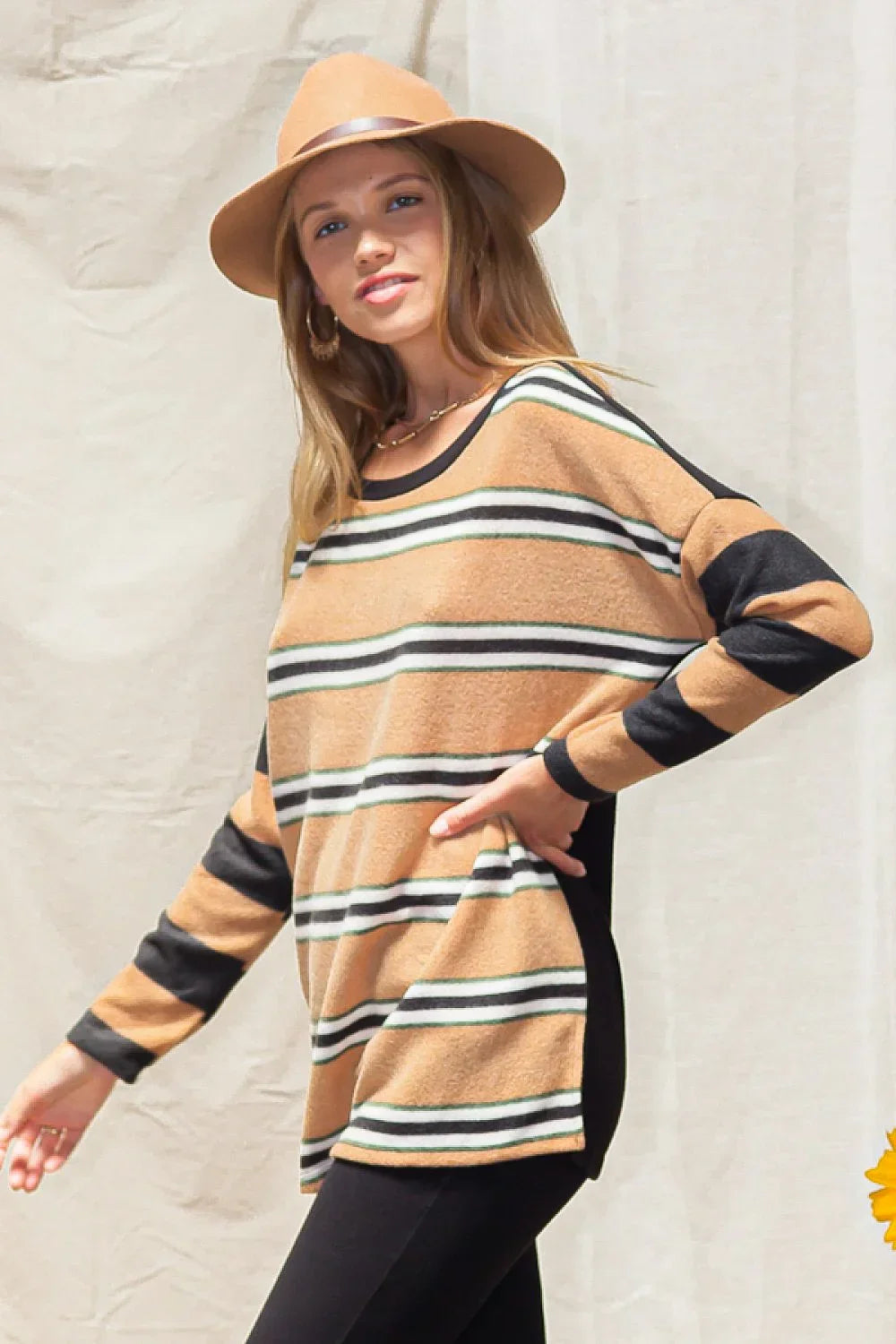 Plus Size Striped Scoop Neck Long Sleeve Oversized Knit Sweater Top - Tasha Apparel Wholesale