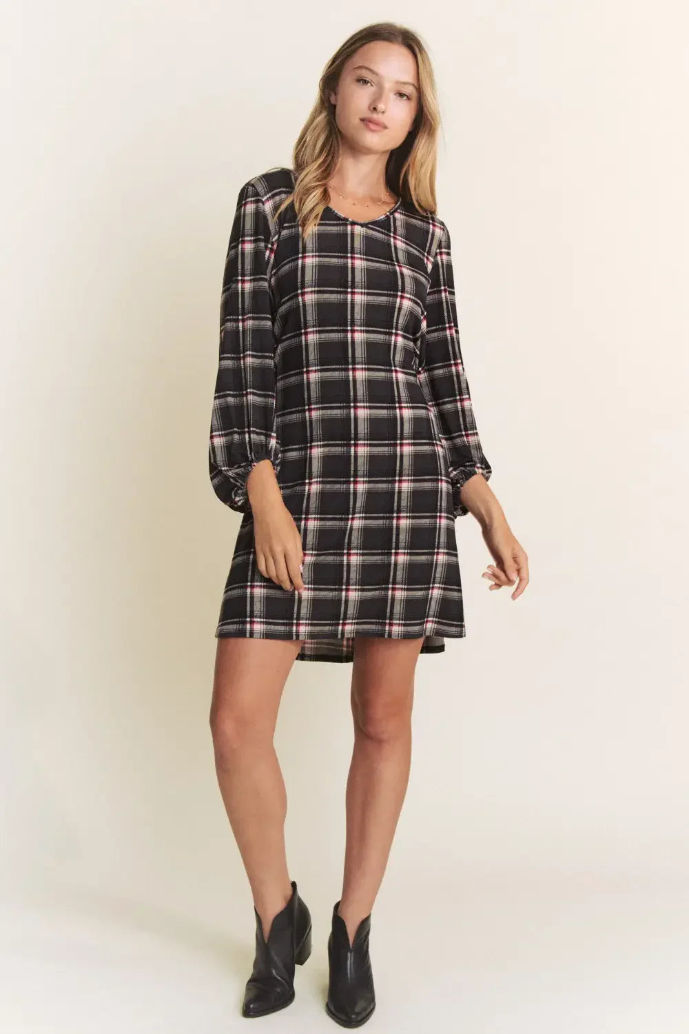 Plus Size Western Plaid Balloon Sleeves Boutique Fall Fashion Dress - Tasha Apparel Wholesale