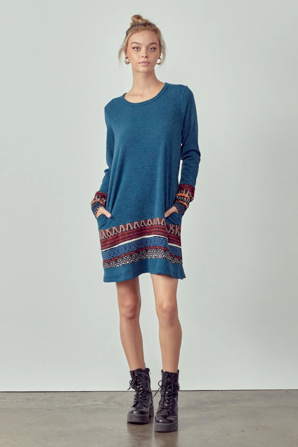 Plus Size Long Sleeve Ethnic Print Trim Casual Boho Shift Fall Winter Boutique Dress